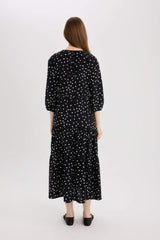 Regular Fit Patterned V Neck Long Sleeve Maxi Dress