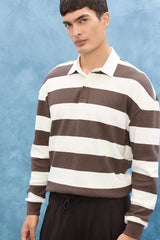 Boxy Fit Polo Neck Striped Waffle Sweatshirt