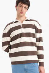 Boxy Fit Polo Neck Striped Waffle Sweatshirt
