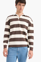 Boxy Fit Polo Neck Striped Waffle Sweatshirt