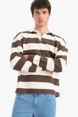Boxy Fit Polo Neck Striped Waffle Sweatshirt