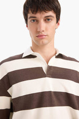 Boxy Fit Polo Neck Striped Waffle Sweatshirt