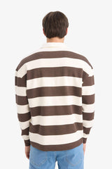 Boxy Fit Polo Neck Striped Waffle Sweatshirt