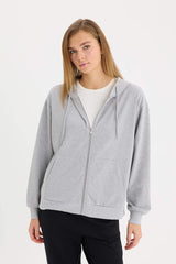 Relax Fit Hooded Basic Thin Sweatshirt Fabric Cardigan