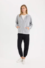 Relax Fit Hooded Basic Thin Sweatshirt Fabric Cardigan