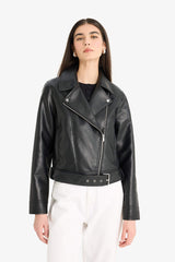 Regular Fit Zippered Faux Leather Jacket Coat