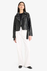 Regular Fit Zippered Faux Leather Jacket Coat