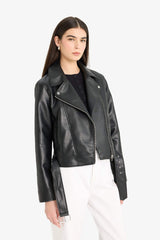 Regular Fit Zippered Faux Leather Jacket Coat