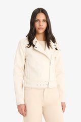 Regular Fit Zippered Faux Leather Jacket Coat