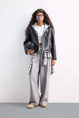 Relax Fit Faux Leather Jacket with Detachable Hood and Zipper