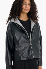 Relax Fit Faux Leather Jacket with Detachable Hood and Zipper