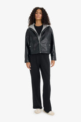 Relax Fit Faux Leather Jacket with Detachable Hood and Zipper