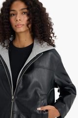 Relax Fit Faux Leather Jacket with Detachable Hood and Zipper