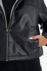 Relax Fit Faux Leather Jacket with Detachable Hood and Zipper