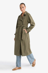 Regular Fit Faux Leather Belted Long Trench Coat
