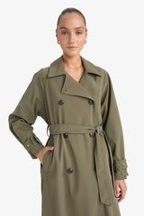Regular Fit Faux Leather Belted Long Trench Coat