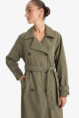 Regular Fit Faux Leather Belted Long Trench Coat
