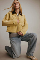 Regular Fit Contrast Collar Zippered Pocket Crop Coat