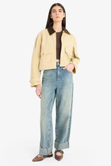 Regular Fit Contrast Collar Zippered Pocket Crop Coat