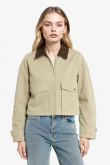 Regular Fit Contrast Collar Zippered Pocket Crop Coat