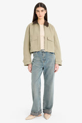 Regular Fit Contrast Collar Zippered Pocket Crop Coat