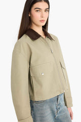 Regular Fit Contrast Collar Zippered Pocket Crop Coat