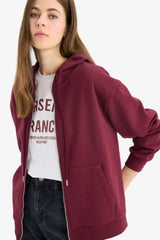 Relax Fit Hooded Basic Plain Thick Zippered Sweatshirt