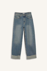 Baggy Fit High Waist Folded Leg Jean Snow Washed Trousers