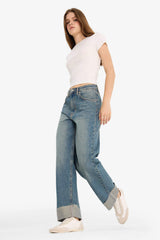 Baggy Fit High Waist Folded Leg Jean Snow Washed Trousers