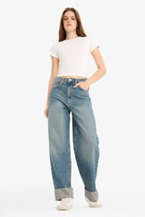 Baggy Fit High Waist Folded Leg Jean Snow Washed Trousers