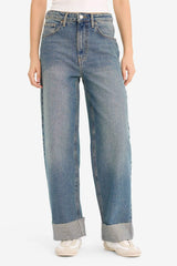 Baggy Fit High Waist Folded Leg Jean Snow Washed Trousers