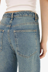 Baggy Fit High Waist Folded Leg Jean Snow Washed Trousers