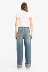 Baggy Fit High Waist Folded Leg Jean Snow Washed Trousers