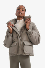 Water Repellent Oversize Fit Wide Mold Stand Collar Zippered Snap Pocket Puffer Jacket