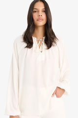 Regular Fit Lace Collar Cricket Fabric Long Sleeve Blouse