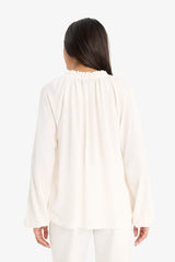 Regular Fit Lace Collar Cricket Fabric Long Sleeve Blouse