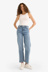 Comfort Straight High Waist Ankle Length Washed Jean Trousers