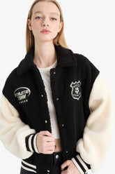 Cool Oversize Wide Fit Polo Collar Plush Bomber Jacket