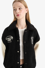 Cool Oversize Wide Fit Polo Collar Plush Bomber Jacket