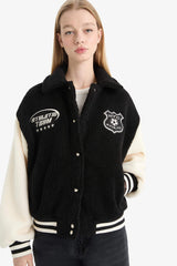 Cool Oversize Wide Fit Polo Collar Plush Bomber Jacket