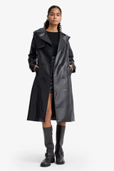 Regular Fit Faux Leather Buttoned Pocket Long Trench Coat