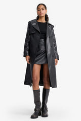 Regular Fit Faux Leather Buttoned Pocket Long Trench Coat