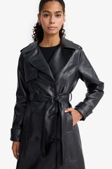 Regular Fit Faux Leather Buttoned Pocket Long Trench Coat