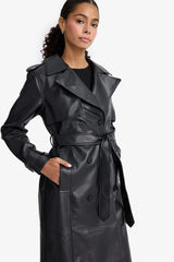 Regular Fit Faux Leather Buttoned Pocket Long Trench Coat