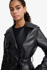 Regular Fit Faux Leather Buttoned Pocket Long Trench Coat