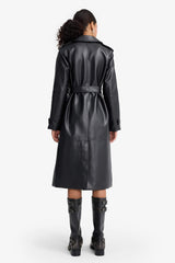 Regular Fit Faux Leather Buttoned Pocket Long Trench Coat
