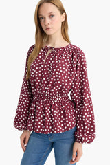 Regular Fit Crew Neck Polka Dot Long Sleeve Blouse