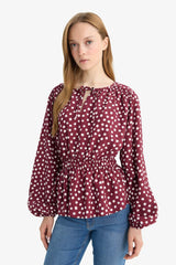 Regular Fit Crew Neck Polka Dot Long Sleeve Blouse