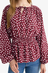 Regular Fit Crew Neck Polka Dot Long Sleeve Blouse