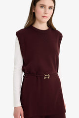 Crew Neck Belt Detailed Knit Sweater